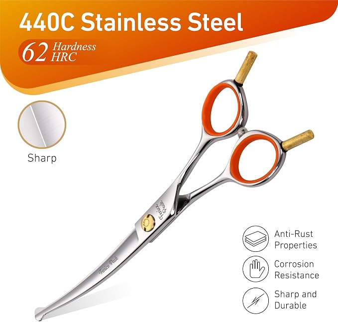 6'' Small Curved Scissors Lightweight Dog and Cat Grooming Scissors with Safety Round Tip JP440C Stainless Steel Sharp Blades for Body Facial Nose Ear and Paw Hair Easy Use
