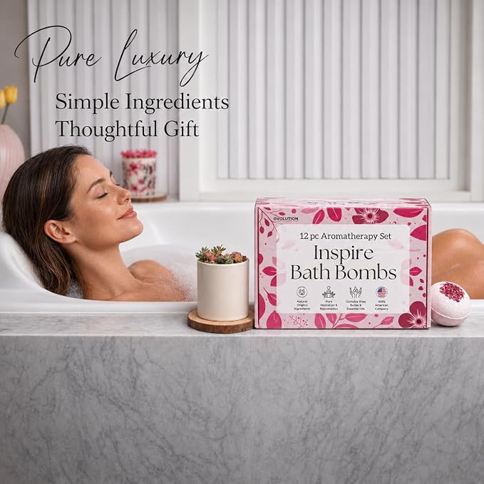 EvolutionUSA 12 Inspire Bath Bombs for Women & Girls – Flower Topped Bath Bombs Girls, Fun Bathbombs Set, Organic Bath Fizzers, Luxury Gift for Mothers Day, Birthday, Christmas, Easter or Self Care