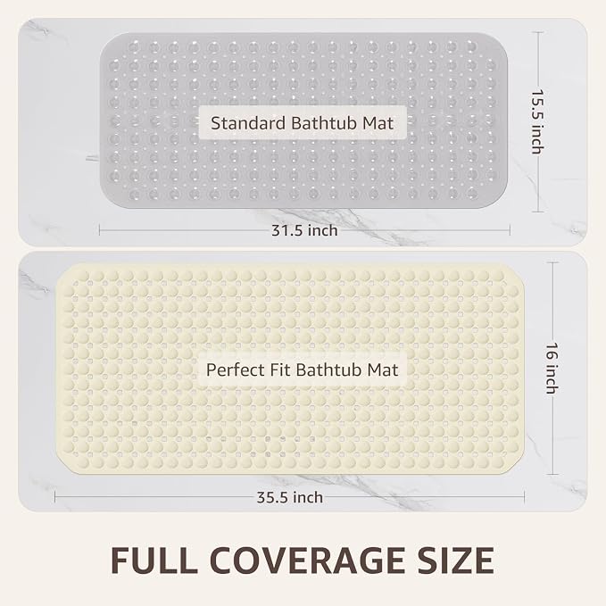 OTHWAY Bath Tub Shower Mat Non Slip, Bathtub Floor Liner Mats for Inside Shower Bathroom, Suction Cups and Drain Holes for Feet Scrubbing, Machine Washable, Soft on Feet, 35x16 Inch, Beige
