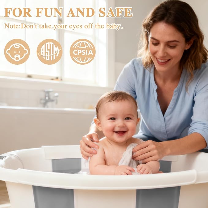 Baby Bathtub, Baby Tub with Thermometer & Soft Cushion, Collapsible Baby Bathtub from Newborn to Toddler Bathtub 0-36 Months, Foldable for Quick Use & Portable for Travel(Grey)