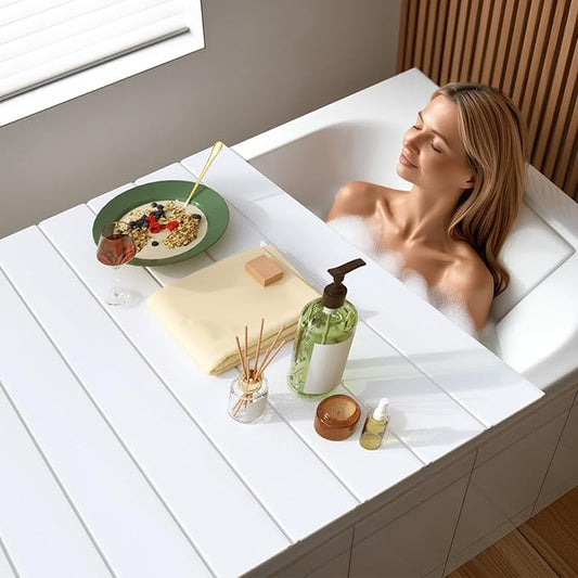Bathtub Tray, Anti-dust Bathtub Cover, Bath Insulation Cover(67×31×0.24in) | Foldable PVC Shutter Bath Lid Fit Most Tubs, Can Store Wine Glass, Books, Tablets, Cellphones, White