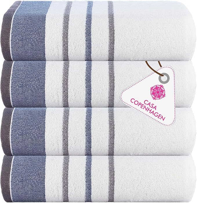 CASA COPENHAGEN White Bay 4Pcs 100% Egyptian Cotton Large Designer Towels Gift Set- Grey - Blue, 600 GSM, 55"x27", 4Bath Towels for Bathroom (Box Pack, Set for Women & Men)
