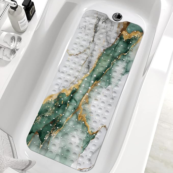 Marble Bath Tub Mat Non Slip, Green Gold Marble Non Slip Bath Mat for Shower, Large Washable Shower mats for Showers with Drain Holes and Suction Cups,40 X 16 Inch