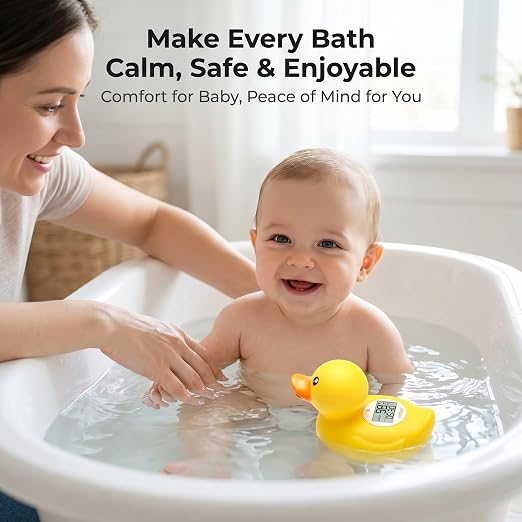 Baby Bath Thermometer with Smart Temperature Alert, Accurate Digital Water Thermometer, Adjustable High Temp Alert for Newborns, Floating Duck Toy with Timer, LED & Sound Alarm, BPA-Free, Waterproof