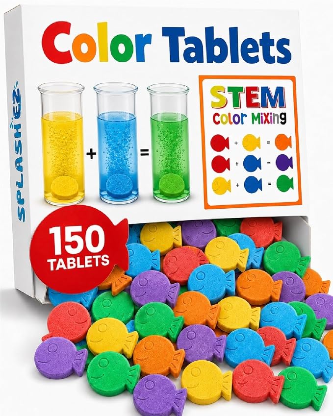 SplashEZ STEM Bath Color Tablets for Kids 150 Count - Fizzy Bath Bombs for Kids and Bath Toys for Toddlers, Non Toxic, Fragrance Free, No Tub Staining, Easy Clean, Toys for Kids