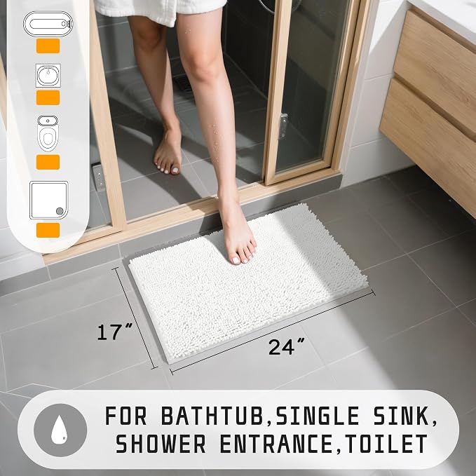 Yimobra Washable Bathroom Rugs, Super Soft & Absorbent Chenille Bath Mat for Floor & Carpet, Quick Dry Non Slip Bath Mat for Tub Shower, 24" x 17",White