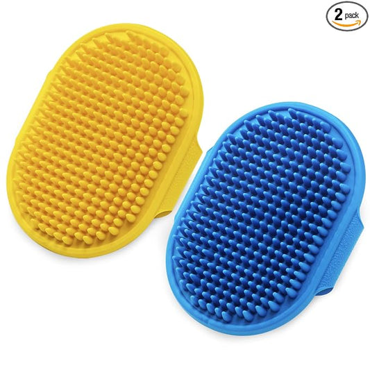 Dog Grooming Brush, Lilpep Pet Shampoo Bath Brush Soothing Massage Rubber Comb with Adjustable Ring Handle for Long Short Haired Dogs and Cats (Blue+Yellow, pack of 2)