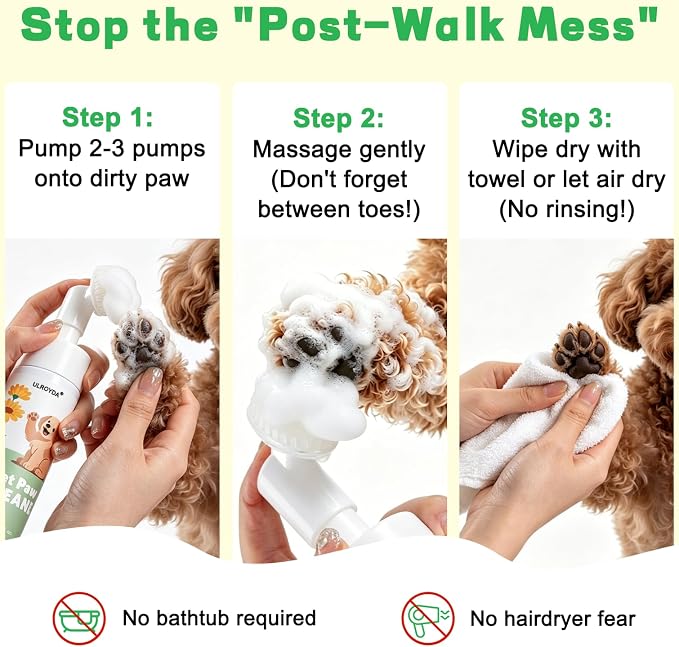 Dog Paw Cleaner No-Rinse Foam, 5-in-1 Paw Washer with Soft Silicone Brush - Removes Mud Dirt & Odor, Moisturizes & Soothes Dry Cracked Paws, pH-Balanced Hypoallergenic for Dogs & Cats, 5.07oz