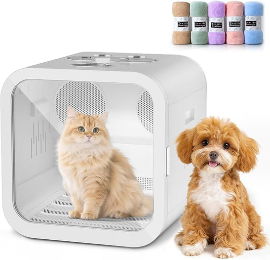 DuckSky 70L Automatic Pet Hair Dryer Box, Dual Motor Fans Blower for Small Dogs and Cats, 360° Drying Grooming, Temp Control, Self-Dryer Boxes with 4 Adjustable Wind & 5 Drying Modes, 5 Towels, White