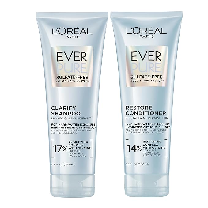 L'Oreal Paris Clarify and Restore Sulfate Free Shampoo and Conditioner Set with Antioxidants for Hard Water Exposure and Styling Build-up, EverPure, 1 Hair Care Kit