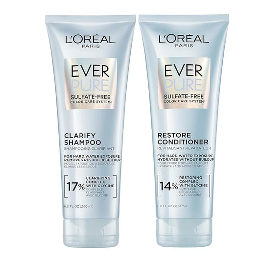 L'Oreal Paris Clarify and Restore Sulfate Free Shampoo and Conditioner Set with Antioxidants for Hard Water Exposure and Styling Build-up, EverPure, 1 Hair Care Kit