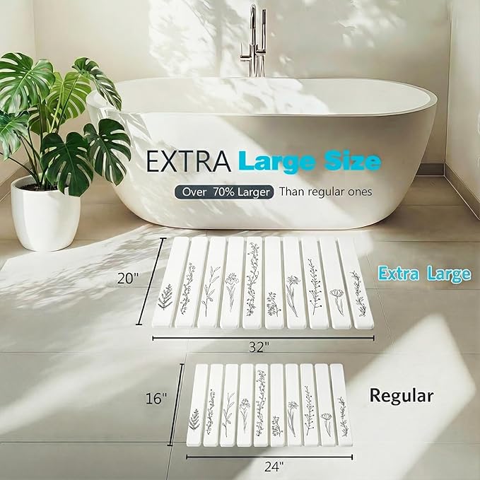 Foldable Stone Bath Mat Large - 32x20 Inch, Quick Dry Super Absorbent Extra Large Bath Mats for Bathroom, Non-Slip Diatomaceous Stone Drying Mats for Kitchen Counter & Bathtub (Black Floral Decor)