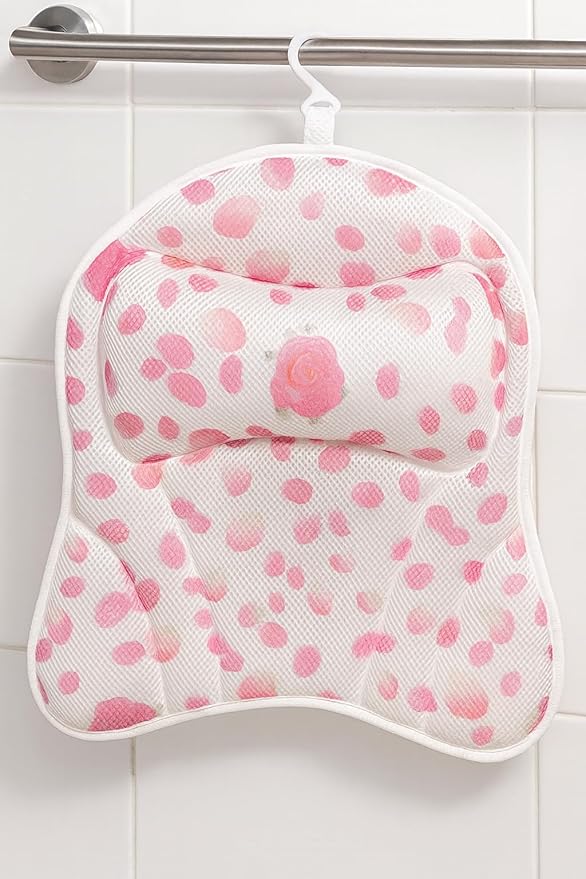 Luxury Bath Pillow for Tub. Air Mesh Fabric, Quick-Dry with Hanging Loop, Head & Neck Support, Gift-Boxed Rose-Petal Design for Women, Mom, Wife, Girlfriend (Pink Rose Petals)