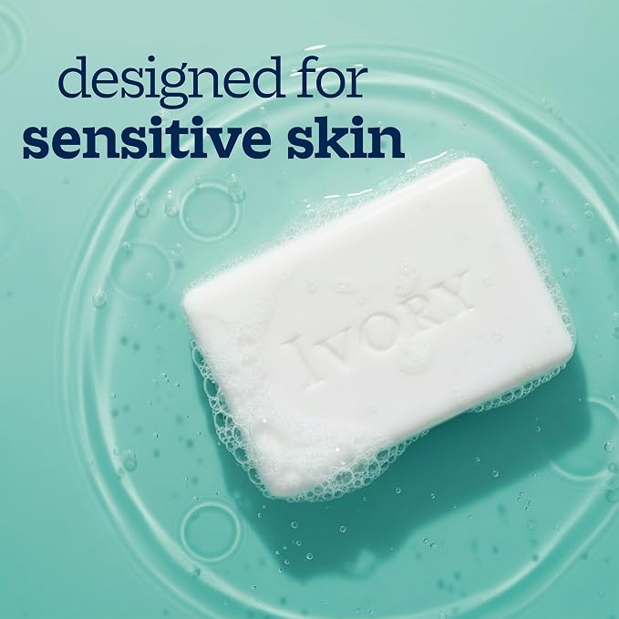 Ivory Sensitive Bar Soap, Designed for Whole Family, Fragrance Free, 99.44% Pure Formula, Plant-Based Cleanser, Made Without Heavy Perfume, Parabens, Phthalates, For All Skin Types, 3.17 oz (10 Count)
