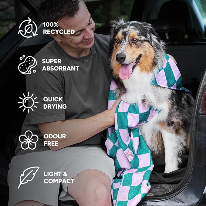 Dock & Bay Pet Towel - Super Absorbent & Quick Drying Dog Towels with Bag - 100% Recycled - Check Mutt, Large (120x70cm, 47x27)