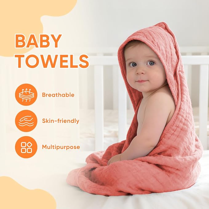 MIGIOL Muslin Hooded Baby Towels 100% Cotton ，Super Soft Muslin Baby Bath Towel - 32 x 32 Inches, Suitable for Newborn and Young Children up to 3 Years Old. (Light Pink & Dark Pink)