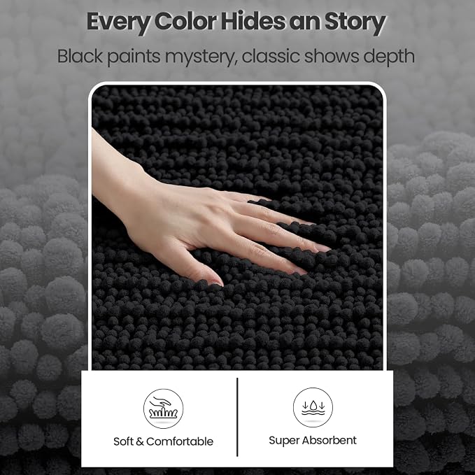 DEXI Bathroom Rugs 36x24, Super Soft Thick Chenille Absorbent Bath Mat, Non Slip Machine Washable Fluffy Shag Bathmat for Tub, Shower Floor, Black