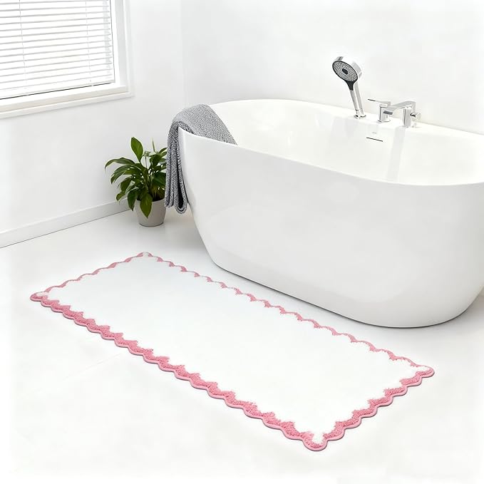 ORTIGIA Long Cute Scalloped Bathroom Rugs Runner, Fun Pink Plush Microfiber Scallop Bath Mats Non Slip Washable Quick Dry Absorbent, Rug Carpet for Bathtub Sink Laundry Room Bedroom, 24x59