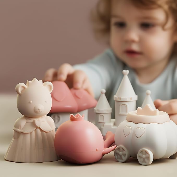 MarcZero Princess Silicone Bath Toys 8Pcs for Toddlers Kids Babies,Bathtub Water Toys,Soft Squeezable Easy-Grip Pool Toys Set (Peach Pink)