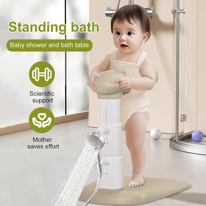 Foldable Design Baby Shower Stand with Armrest High Stability Adjustable Height Baby Shower Standing Support, Collapsible Kids Showering Rack with Head Holder Grey