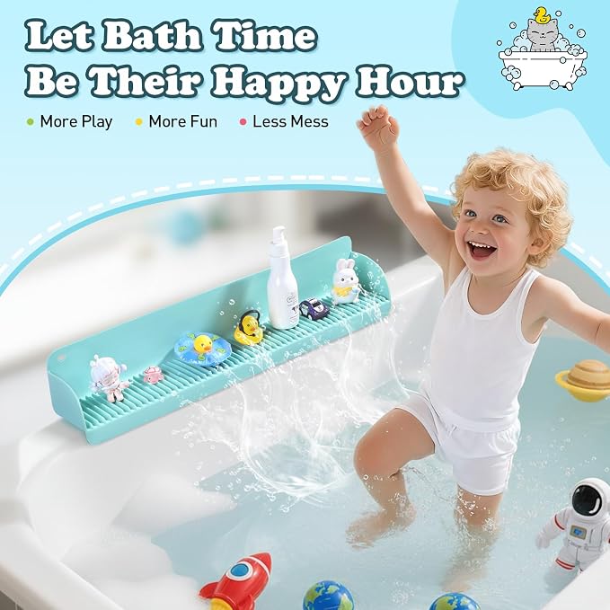 AGPTEK 24 Inch Bathtub Splash Guard with 10 Suction Cups, Silicone Tub Water Splash Guard for Bathtub, Bath Toy Tray Holder Play Shelf for Kids, Universal for Bathroom, Kitchen Sink (Green) | Silicone Tub Water Splash Guard for Bathtub, Bath Toy Tray H...