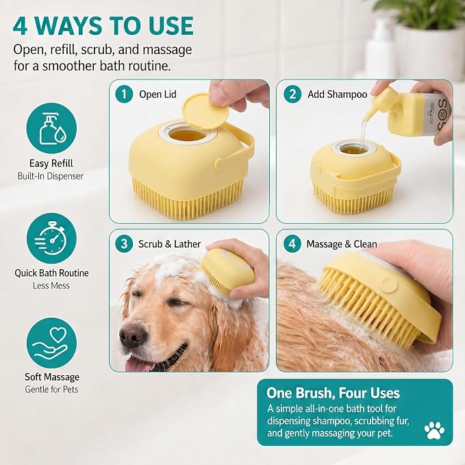 Soft Silicone Pet Bath Massage Brush for Dogs & Cats, Gentle Grooming Cleaning Tool for Puppy Kitten Washing, yellow