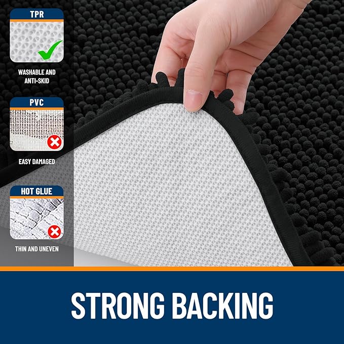 OLANLY Bathroom Runner Rugs 47x20, Extra Soft Absorbent Chenille Bath Rugs, Rubber Backing Quick Dry, Machine Washable Long Bath Mats for Bathroom Floor, Tub and Shower, Home Decor Accessories, Black