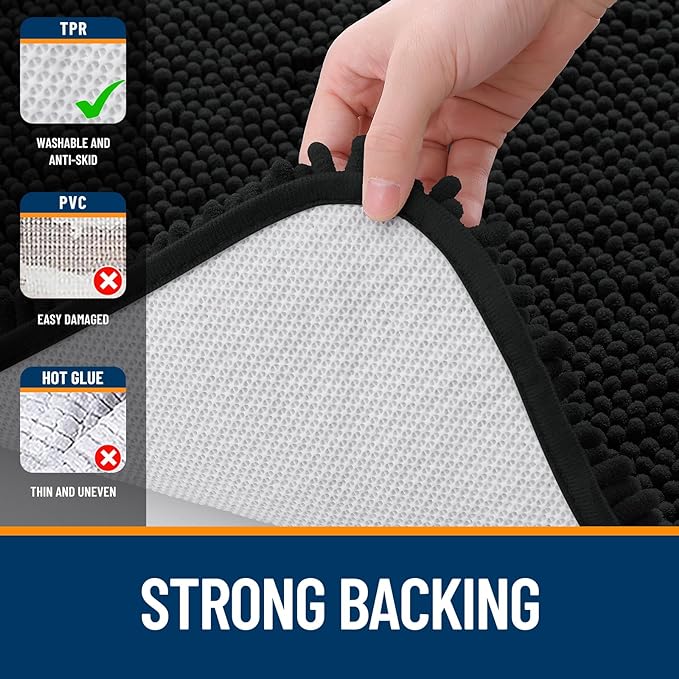 OLANLY Small Bathroom Rugs 24x16, Extra Soft Absorbent Chenille Bath Rugs, Rubber Backing Quick Dry, Machine Washable Bath Mats for Bathroom Floor, Tub and Shower, Home Decor Accessories, Black