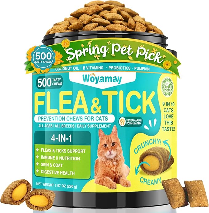 4-IN-1 Flea and Tick Prevention for Cats, 500 Crunchy & Creamy Chews, Cat Flea Treatment, Natural Oral Flea Treatment for Cats, Daily Support for Flea, Immune, Skin & Coat, Gut, Chicken Flavor