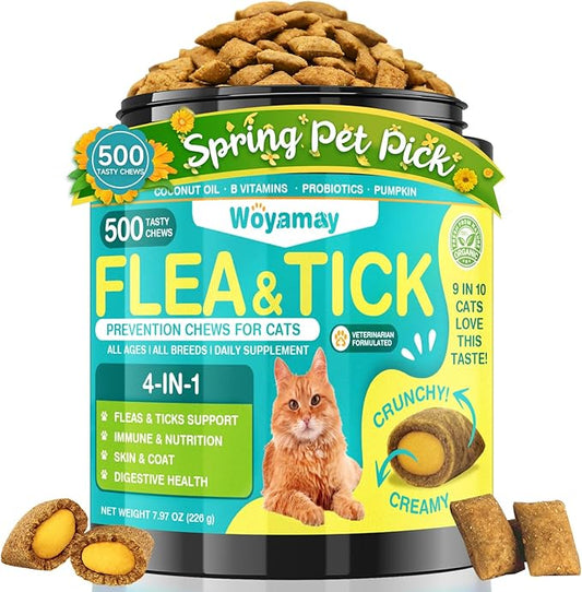 4-IN-1 Flea and Tick Prevention for Cats, 500 Crunchy & Creamy Chews, Cat Flea Treatment, Natural Oral Flea Treatment for Cats, Daily Support for Flea, Immune, Skin & Coat, Gut, Chicken Flavor