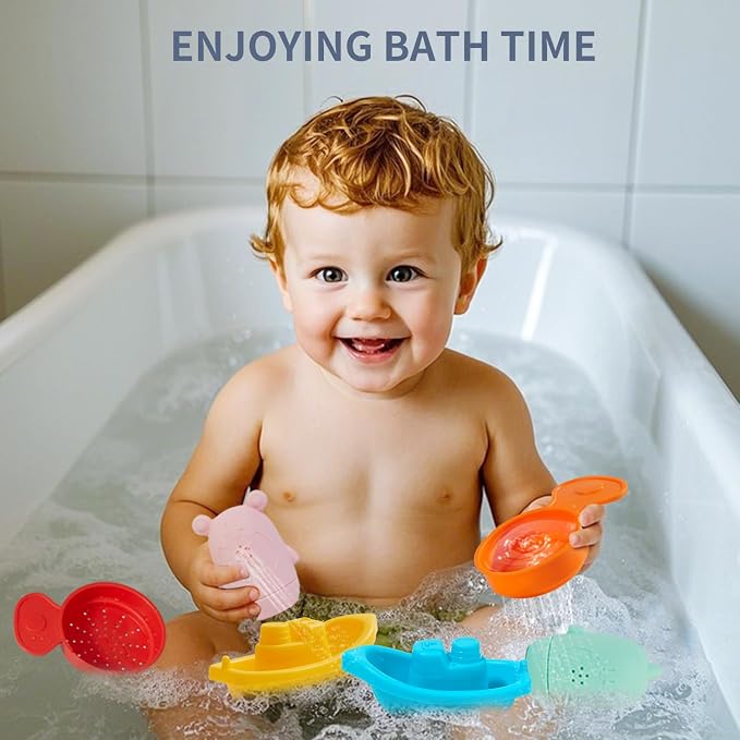 Baby Bath Toys for Kids, 15 PCS Mold Free Toddler Bath Toys Pool Water Table Toys Rainbow Color Floating Boats, Spoons & Sensory Silicone Bath Toys, Bathtub Water Toys for Toddlers 1-3 and Babies