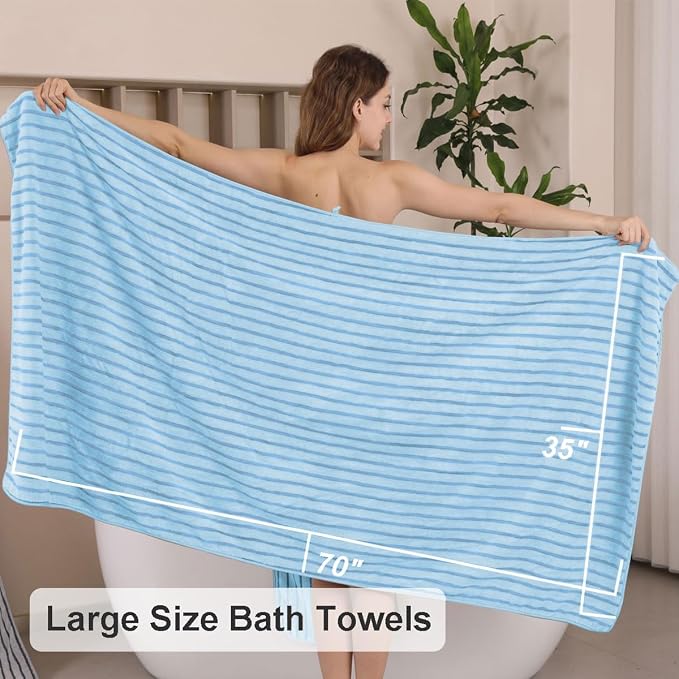 4 Piece Blue Cabana Stripe Large Bath Towels 35"x70" Oversized Bath Sheet Super Soft Breathable Jumbo Bathroom Towels Highly Absorbent Shower Towel Quick Dry Beach Chair Towel Spa Gym Hotel Towel Set