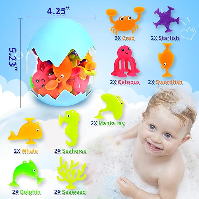 Suction Bath Toys for Kids, 18 Pcs Ocean Animal Suction Cup Toys with Eggshell & Bag, No Hole Mold Free Bath Toy, Sensory Window Building Toys for Toddlers Boys Girls 3 4 5 6 Year Old