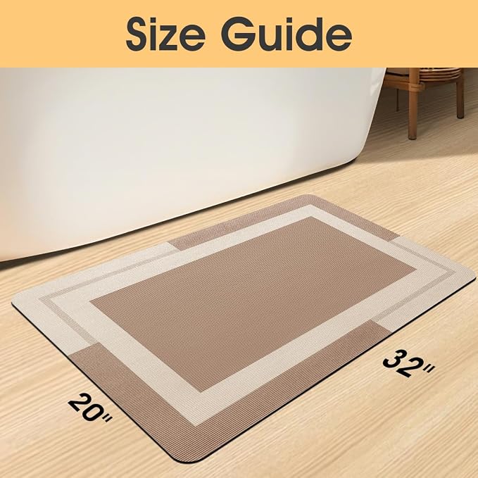 ACCUMTEK Non Slip Bath Mat, Thin Bathroom Rugs Fit Under Door, Quick Dry Bath Mats, Machine Washable Bath Rugs for Bathroom, Bathtub & Kitchen, Bathtub, Light Brown/Bordered/32 x20