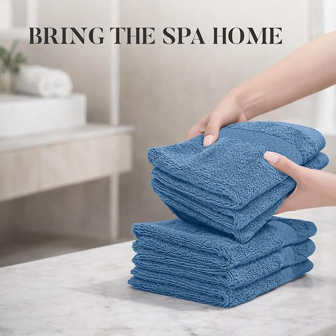RIVERSIDE 12-Pack Premium 100% Cotton Electric Blue Face Towels for Bathroom [12x12] - Reusable Luxury Face Wash Cloths for Showering - 550 GSM Super Soft & Absorbent Washcloths for Body, Spa & Gym