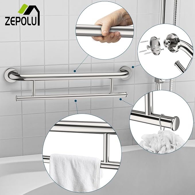 Chrome Towel Grab Bar 24 Inch - 1.25” Diameter, Zepolu Stainless Steel Safety Bar w/Towel Holder, Shower Assist Balanced Support Handle, Wall Mounted Bathroom Towel Rack for Senior Elderly Handicap