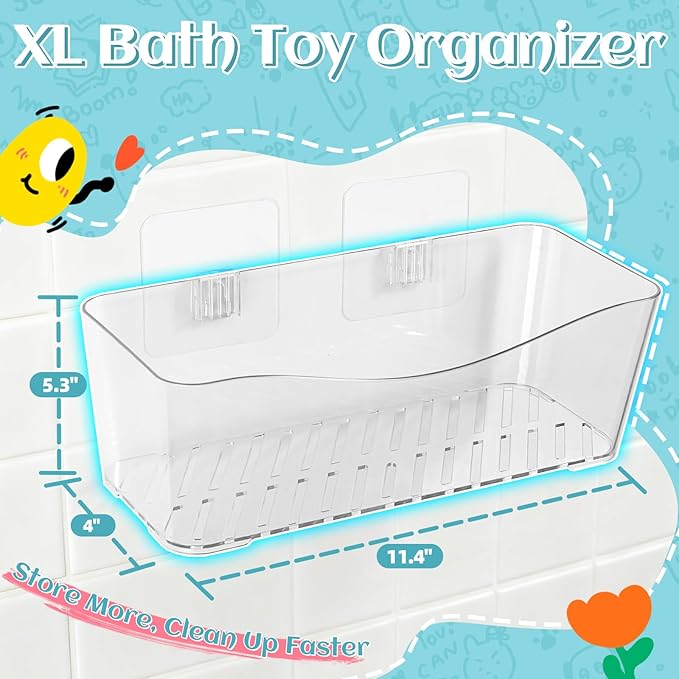 MIUKAA 2 Pack Large Bath Toy Storage Organizer, Clear Bath Toy Holder for Bathtub, Plastic Shower Toy Holder, Fast Drainage, No Drilling Required, Easy to Install