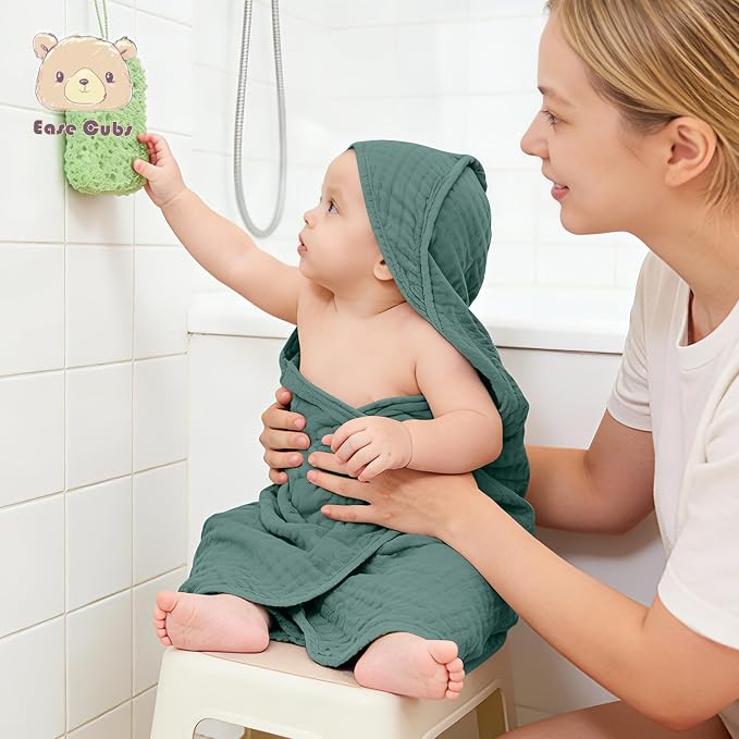 Ease Cubs 3-Pack Muslin Hooded Baby Towels, 100% Cotton, Ultra-Soft & Absorbent Baby Bath Towels with Hood for Babies, Infant, Toddler and Newbron (Emerald Series,32" x 32")