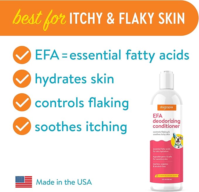 Dogtopia Essential Fatty Acid (EFA) Deodorizing Conditioner for Dogs and Pets (12oz) – Cherry Blossom Scent | Soothing Conditioner Rich With Moisturizing Emollients | Tearless, Soapless & Alcohol-Free