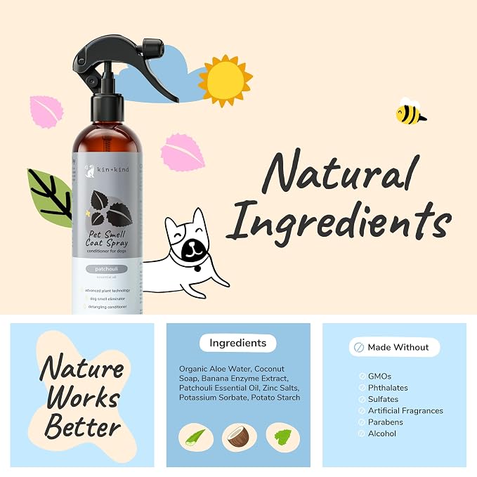 kin+kind Dog Coat Spray (12 fl oz) - Deodorizing Patchouli Formula with Long Lasting Dog Cologne Scent with Aloe Vera - Safe, Natural Odor Eliminator for Dogs - Made in USA (Patchouli)