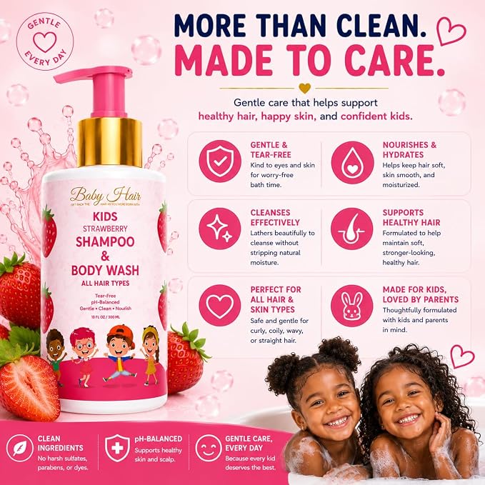 BABY HAIR - Strawberry Mineral Kids Shampoo/Body Wash, Sulfate-Free Tearless Shampoo and Body Wash, Shampoo For Kids with Strawberry Oil, Camellia Oil, and Biotin, No Tears Shampoo, 10 fl.oz.