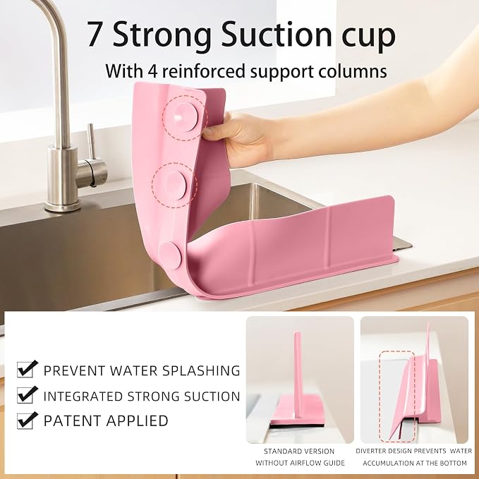 23" Ultra Silicone Sink Splash Guard Released in 2026,Self-Draining Water Splash Guard for Kitchen Sink,Bathroom and Island,with 3.5" High Splash Guard & 7 Strong Suction Cup (Pink)