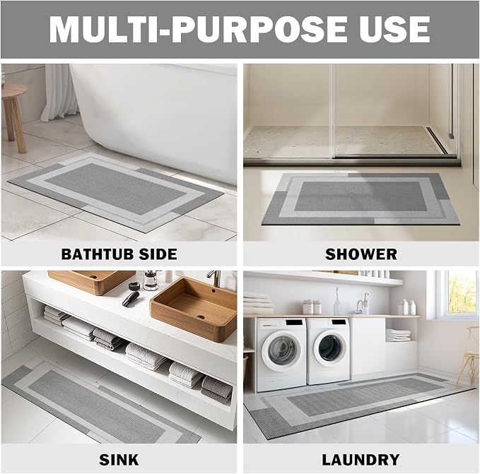 YDKGL Non Slip Bath Mat, Rubber Backing Ultra Thin Bathroom Rugs Fit Under Door Quick Dry Super Absorbent Washable Bath Rug Shower Mat for Bathroom Floor Bathtub Shower Sink, Easy Care Gray 24"x 35"