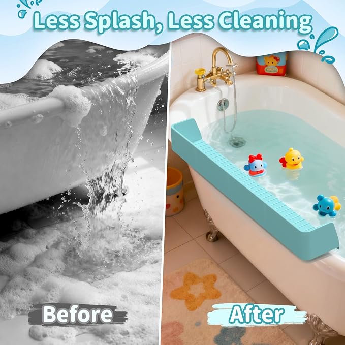 Bathtub Splash Guard for Tub Kids, 31” Longer Silicone Water Splash Guard for Bathtub,Play Shelf for Bathing with 11 Strong Suction Cups,Prevents Water Spills in Bathroom (Blue)