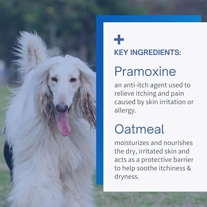 Pramoxine with Oatmeal Shampoo for Dogs, Cats, and Horses, Helps with Allergy, Scratching, and Itch Relief, moisturizes and soothes Dry Skin, Hypoallergenic