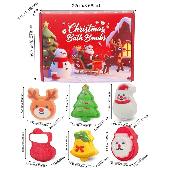 Christmas Bath Bombs for Kids, 6 Festive Shapes, Stocking Stuffer Gift Set | 6 Large Christmas Bath Bombs Offer a Fuller Soak with Colorful Fizz and Scents, Ideal Gifts for Kids and Stocking Stuffers