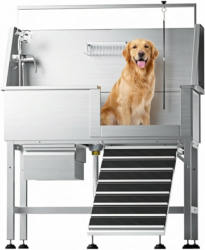 46" Heavy Duty Dog Washing Station - 304 Stainless Steel Pet Bathing Tub with Right Side Ramp, Elevated Grooming Sink with Storage Drawer & Removable Floor Grate, Outdoor Ready for Large & Medium Dogs