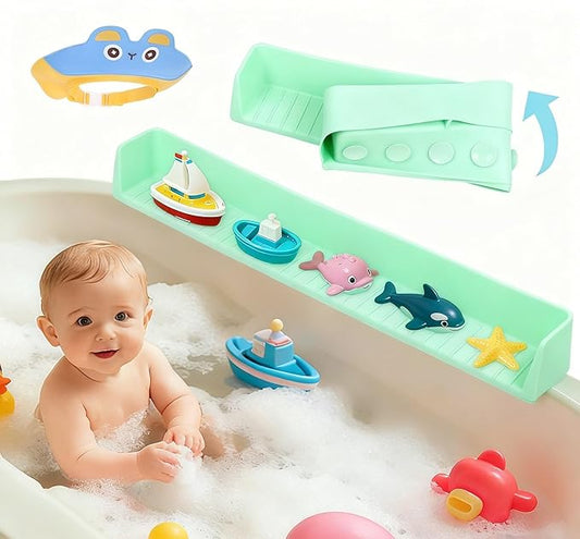Bathtub Splash Guard for Kids, Long Flexible Silicone Shower Splash Guard with Suction Cups, 2-in-1 Tub Ledge Organizer for Bath Toys & Supplies, Prevents Water Spills, Keeps Floor Dry (Green)