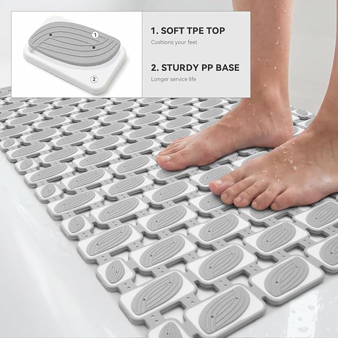 SIXHOME Shower Mat Non Slip Bathtub Mat, Bath Mat for Tub with Strong Suction Cups, Quick Dry Drain Holes, Machine Washable Shower Floor Mat for Elderly & Kids, 27"x16", Light Grey