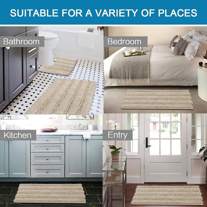 H.VERSAILTEX Bathroom Rug Sets 2 Piece Bath Mats Non Slip Thick Soft Chenille Striped Bath Rug achine Washable Shower Floor Rugs for Tub, Shower and Floor (Fog, 47"x17" Plus 20"x20" U)